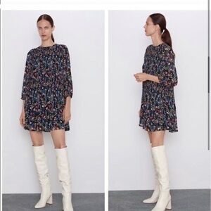 Zara The Annie Pleated Floral Chiffon Long Sleeve Mini Dress​​